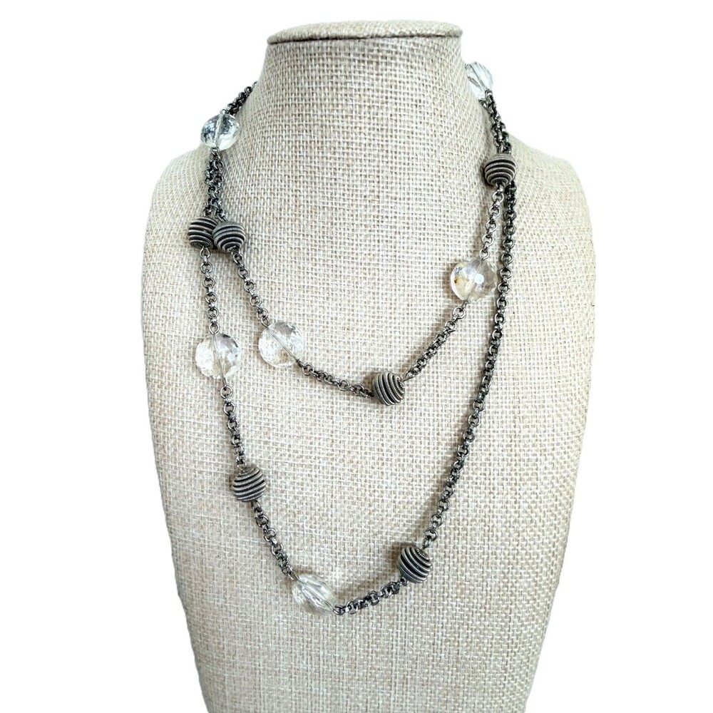Vintage Crown Trifari Silver Tone Long Station Necklace Faceted Crystal Beads
